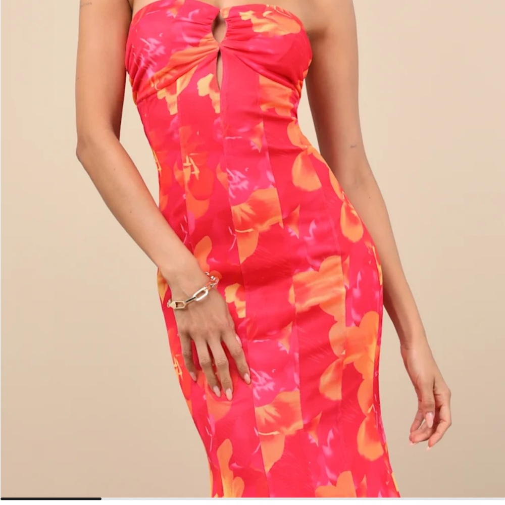 Lulus Islay Hot Pink Floral Abstract Mesh Strapless Dress